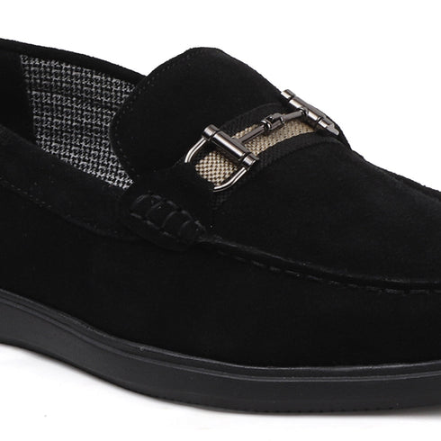 Men's Buckle Accent Driving Leather Loafer with Suede Finish