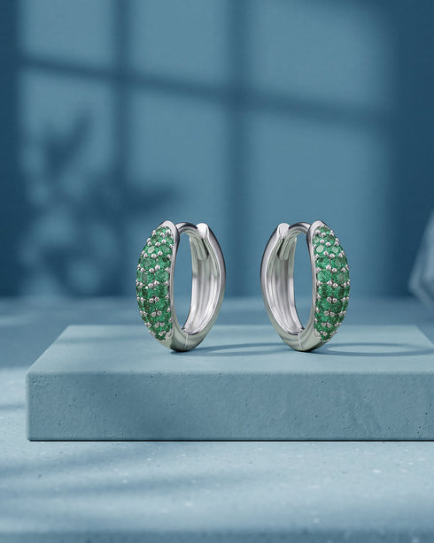Rhodium Plated Emerald CZ Studded Huggie Hoop Earring