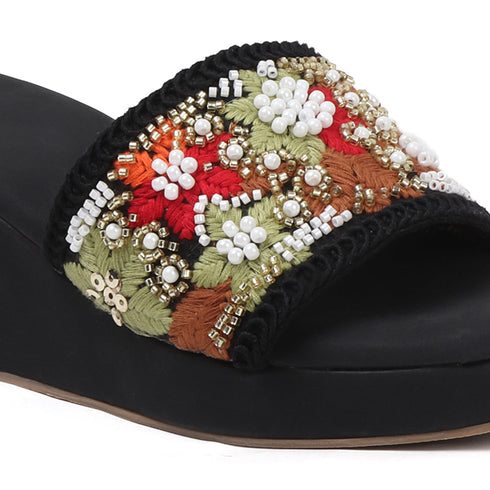 Women's Embroidered Beaded Wedge Sandal With Floral Motif