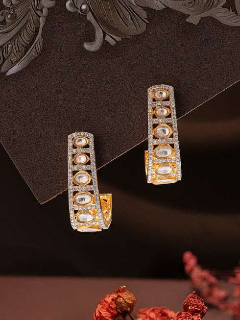 Gold Plated Uncut Kundan Polki Mossanite Minimal Half Hoop C - Bali Studds Earrings