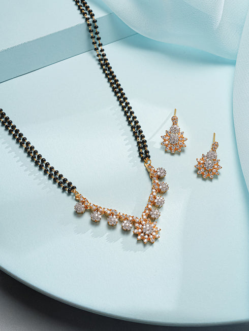 Gold Toned AD Studded Black Beads Studded Designer Floral Mangalsutra Jewellery Set
