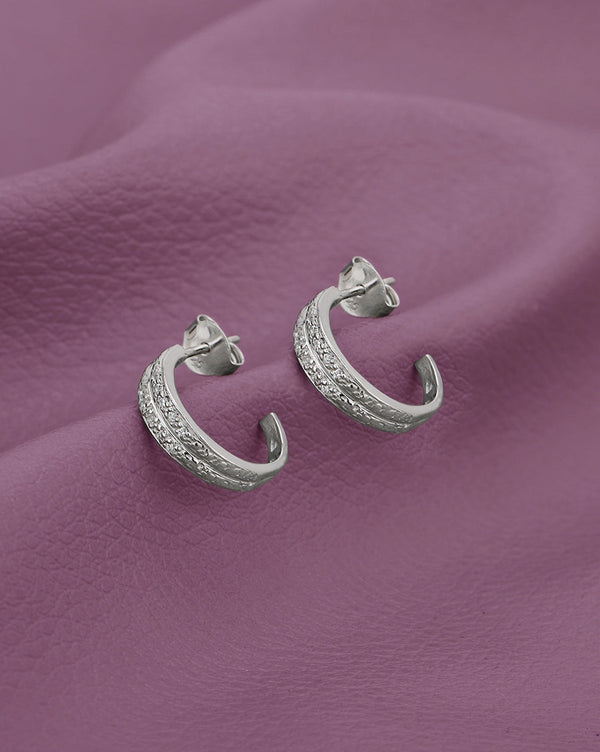 925 Sterling Silver Rhodium Plated CZ Textured Mini Half Hoop Earring