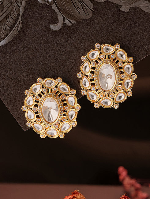 Gold Plated Uncut Polki Mossanite Studded Floral Designer Studds Earrings
