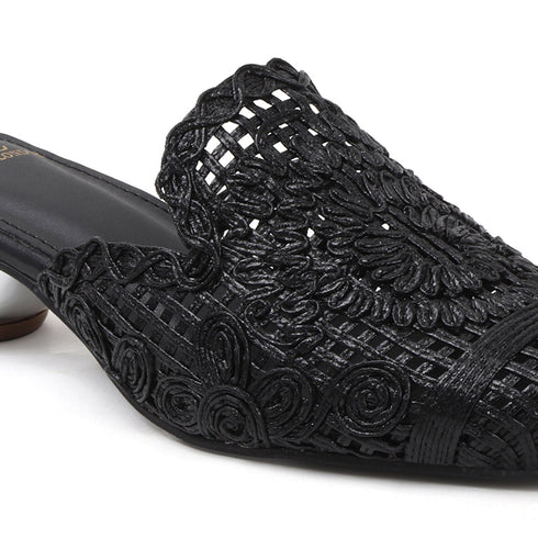 Women's Metallic Woven Slip-On Mule Intricate Pattern Low Heel