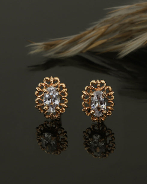 925 Sterling Silver 18kt Rose Gold Plated Solitaire Floral Oval Stud Earring