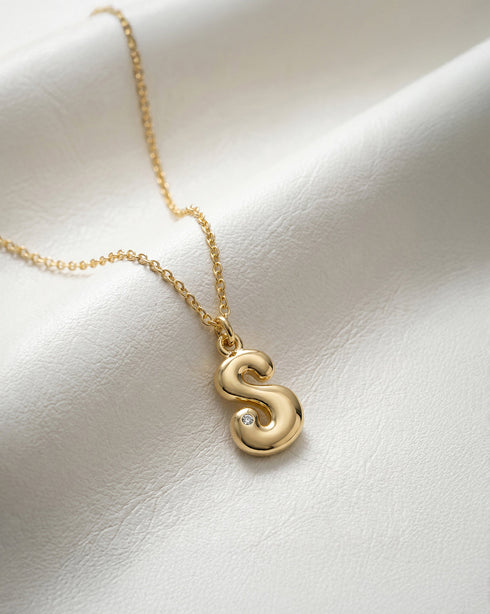 18kt Gold Plated CZ Bubble Letter S Pendant and Chain