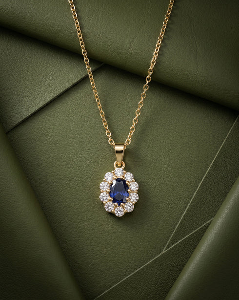 Premium 18kt Gold Plated Blue Sapphire CZ Halo Pendant with Chain