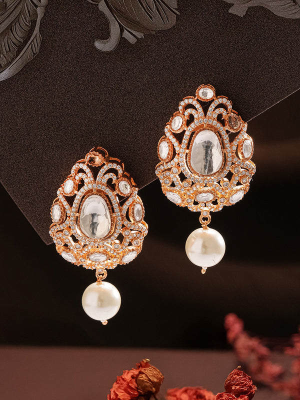 Gold Plated Uncut Mossanite Polki Statement Floral Drop Studds Earrings