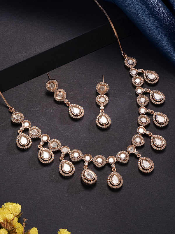 Gold Plated Kundan Polki Studded Designer Bridesmaid Minimal Necklace Jewellery Set