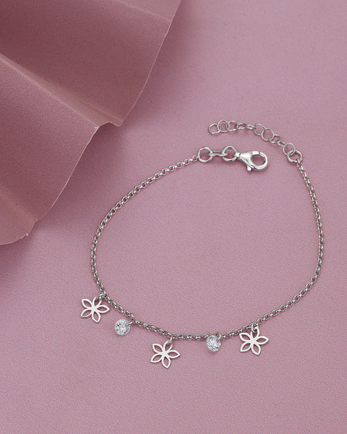925 Sterling Silver Rhodium-Plated CZ Studded Floral Charm Bracelet