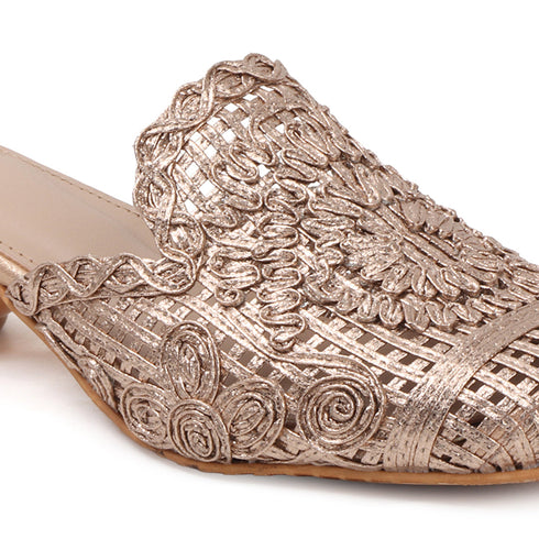 Women's Metallic Woven Slip-On Mule Intricate Pattern Low Heel