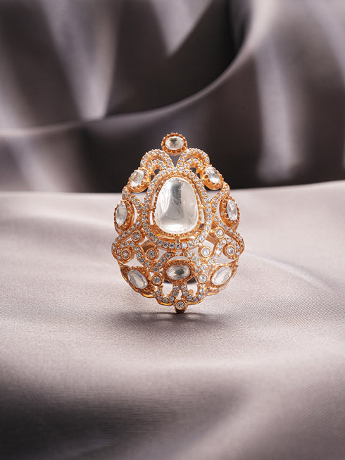 Gold Plated Kundan Moissanite Studded Filigree Luxe Tilak Shaped Cocktail Finger Ring