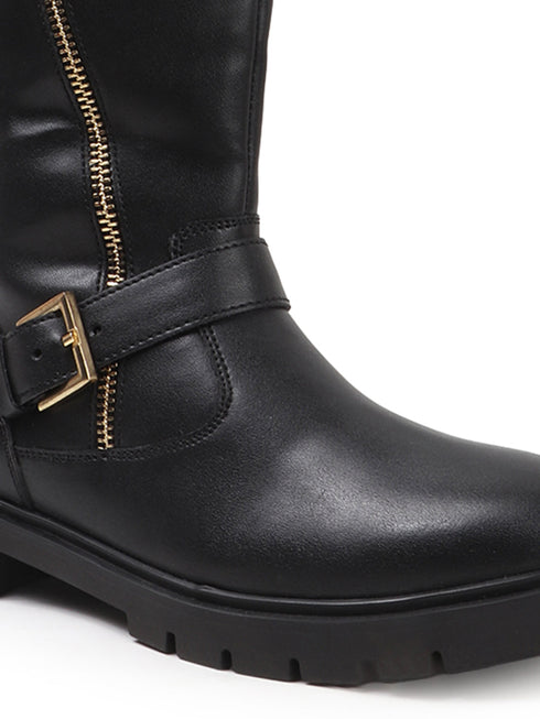 Women's Tall Zipper Accent Riding Boot Buckled Knee-High Fashion Footwear