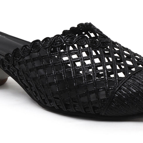 Women's Elegant Metallic Woven Mule Intricate Closed-Toe Low Heel
