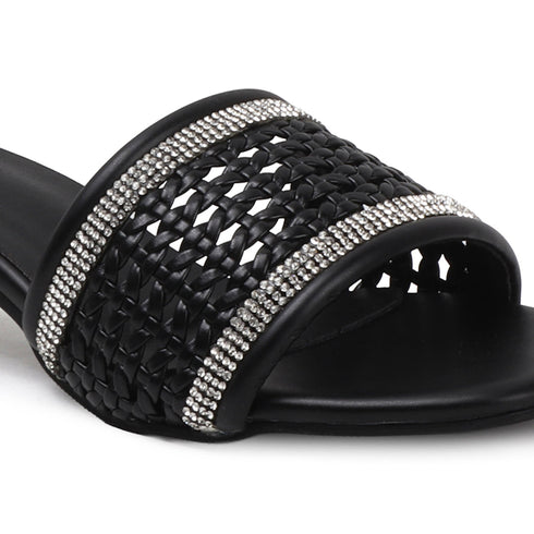 Women's Woven Rhinestone Sandal Textured Strap Low Heel