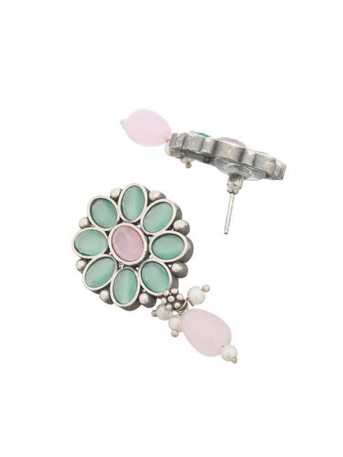 Oxidised Green Stone Studded & Pink Pearl beaded Pendant Jewellery Set