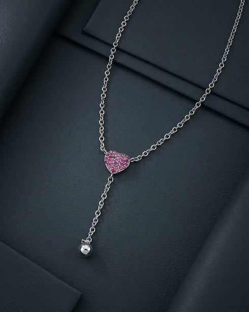 Rhodium Plated Ruby Red Heart Y-Necklace Lariat