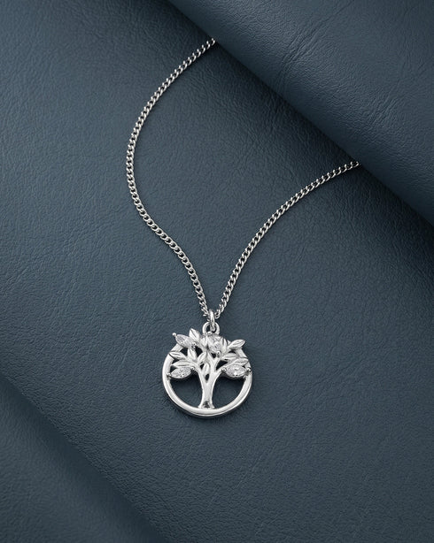 Rhodium Plated CZ Tree of Life Pendant and Chain Necklace