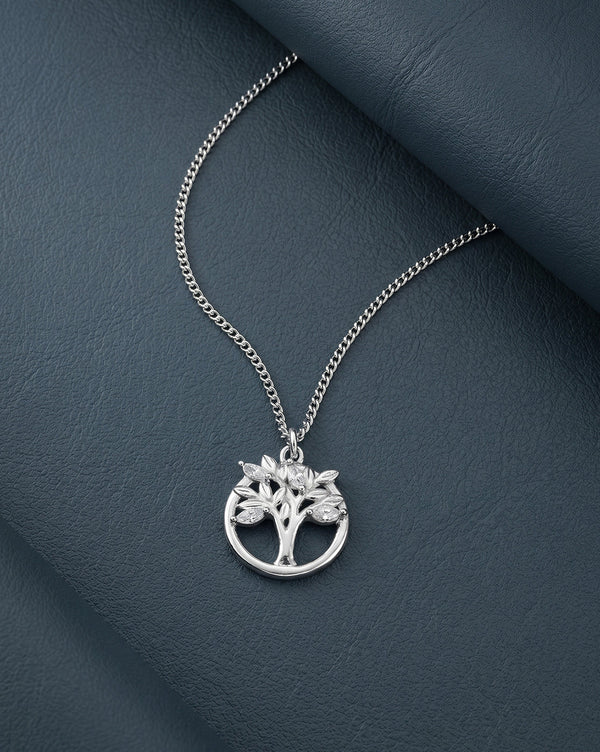 Rhodium Plated CZ Tree of Life Pendant and Chain Necklace