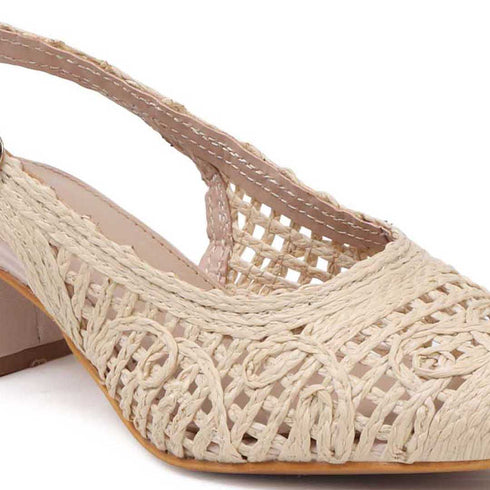 Women's Woven Textured Slingback Pump Pointed Toe Block Heel