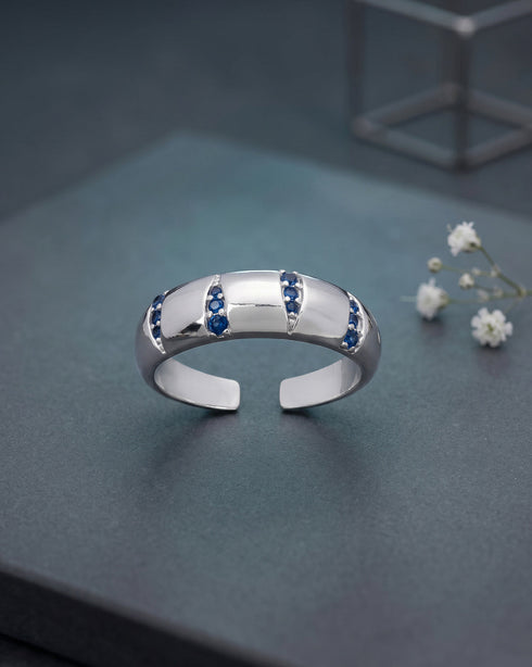 Rhodium Plated Contemporary Sapphire Studded Adjustable Ring