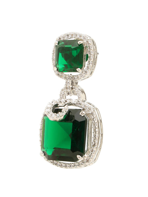 Silver Toned Royal Green AD Studded Statement Earrings for Women & Girls