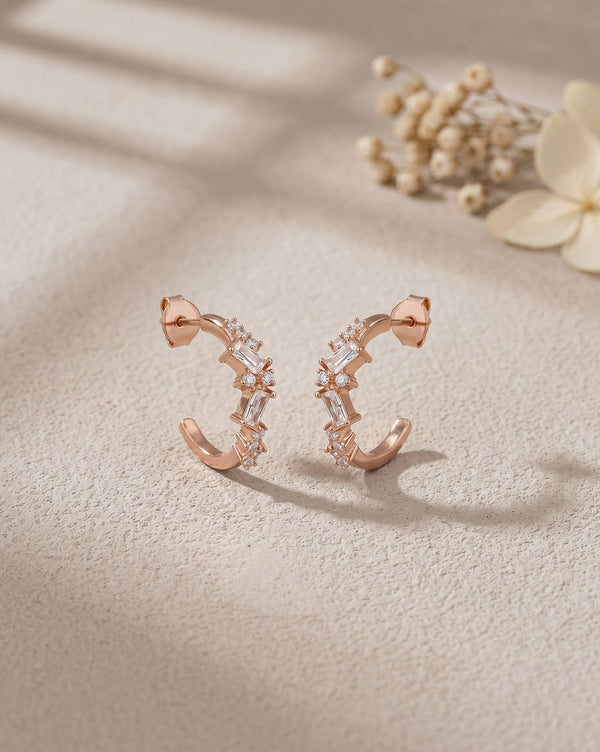 18kt Rose Gold Plated Baguette CZ Half Hoop Earring