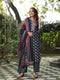 Women Navy Blue Ethnic Printed Cotton Embroidered Straight Kurta With Printed Trousers and Printed Dupatta