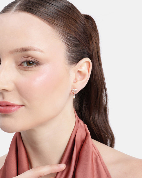 18kt Rose Gold Plated Dangling Pearl Heart Drop Earring
