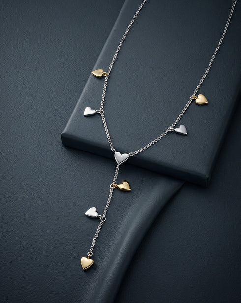 Rhodium & 18kt Gold Plated Dangling Heart Charm Y-Necklace Lariat