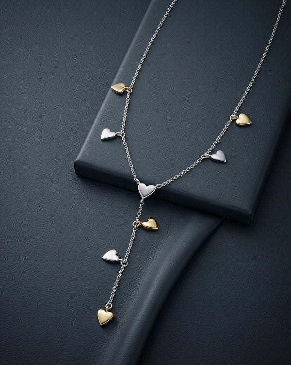 Rhodium & 18kt Gold Plated Dangling Heart Charm Y-Necklace Lariat