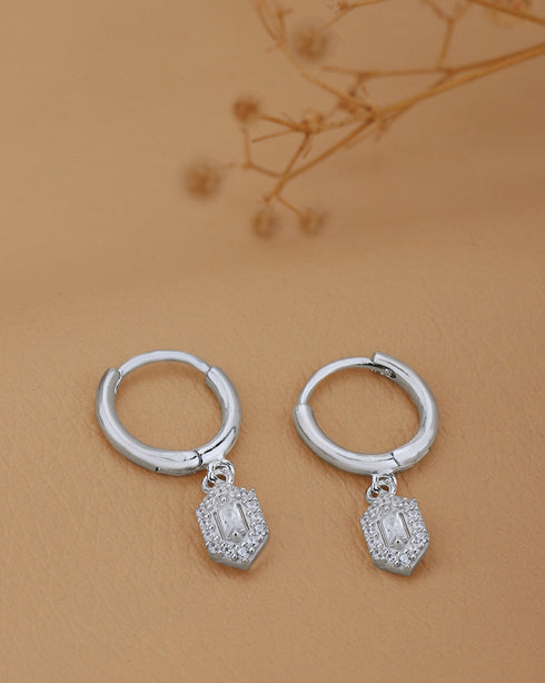 925 Sterling Silver Rhodium Plated CZ Geometric Hoop Earring