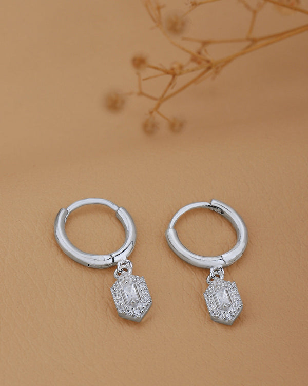 925 Sterling Silver Rhodium Plated CZ Geometric Hoop Earring