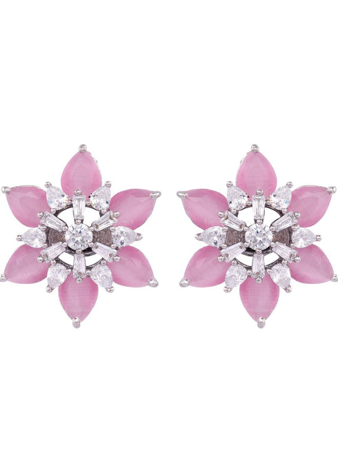 White Rhodium Pink AD studded handcrafted Ear Ring