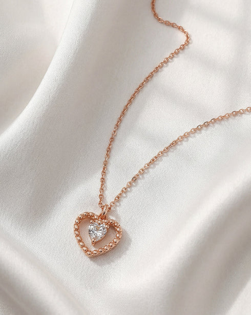 925 Sterling Silver 18kt Rose Gold Plated Solitaire Heart Pendant and Chain