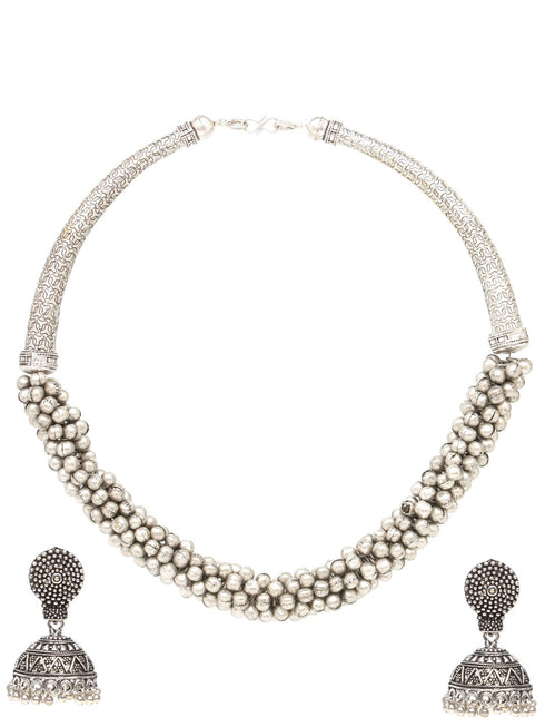 Silver Oxidised Handcrafted Ghugroo Beaded Tribal Hasli Jewellery Set