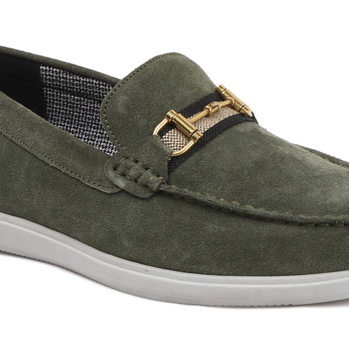 Men's Buckle Accent Driving Leather Loafer with Suede Finish
