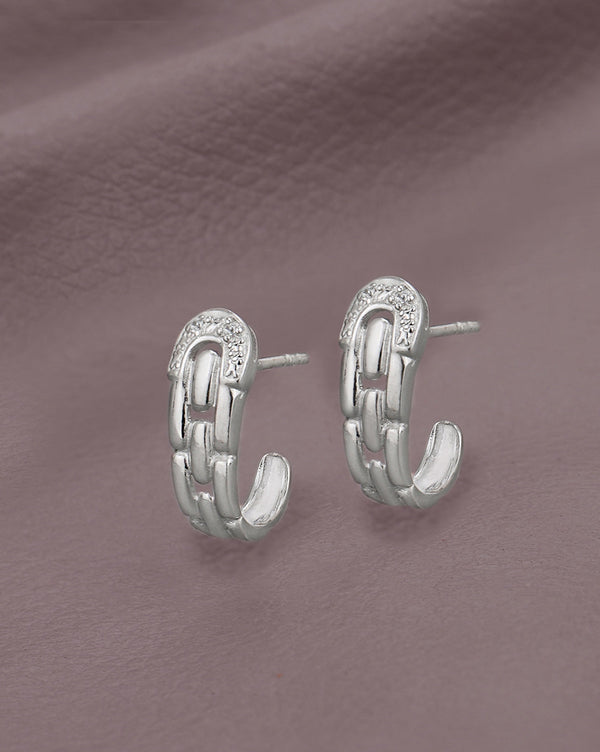 925 Sterling Silver Rhodium Plated CZ Interlock Chain Half Hoop Earring