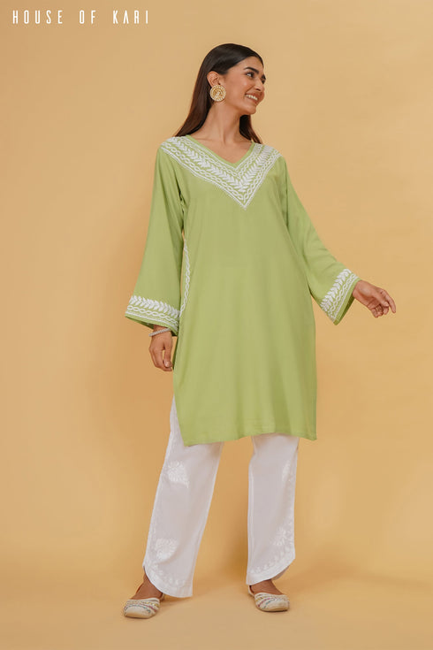 Rayon Chikankari Medium Kurta In Pista Green