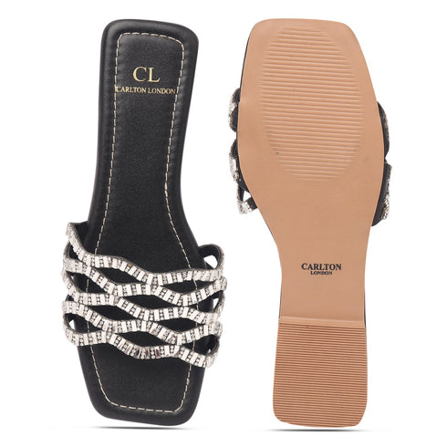 Women's Rhinestone Embellished Woven-Strap Slides