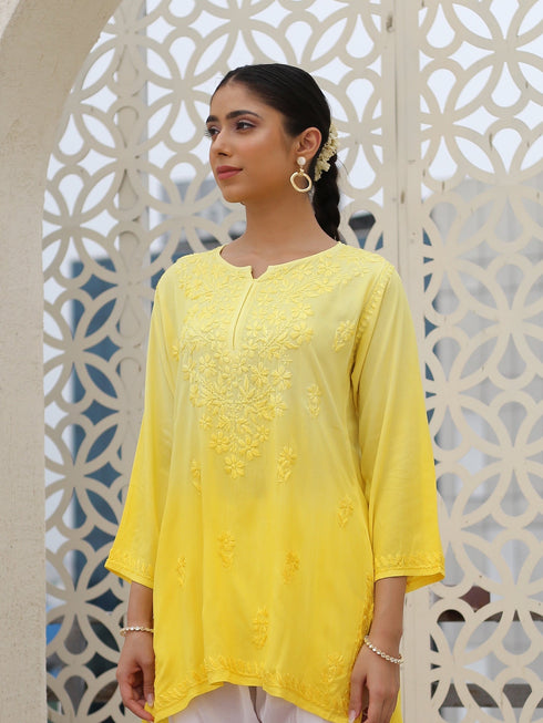 Saba Chikankari Short Kurta in Rayon cotton - Yellow