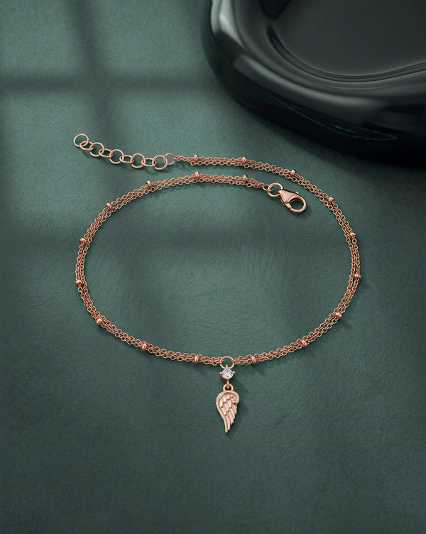 18kt Rose Gold Plated CZ Angel Wing Charm Layered Anklet