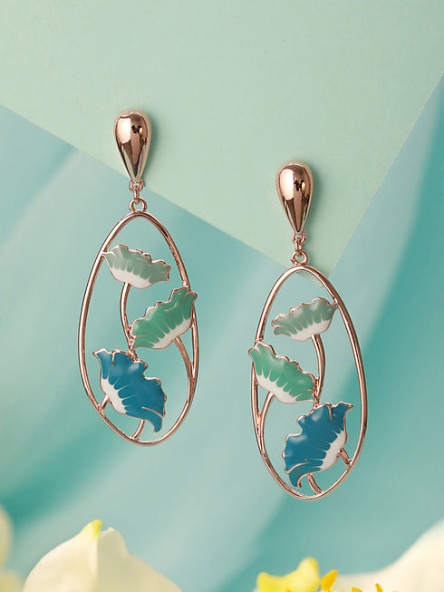 Anti-Tarnish Gold Plated Blue Enamelled Floral Statement Luxe Drop Earrings
