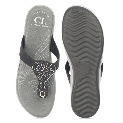 Women's Black Embellished Comfortable Wedge Sandal