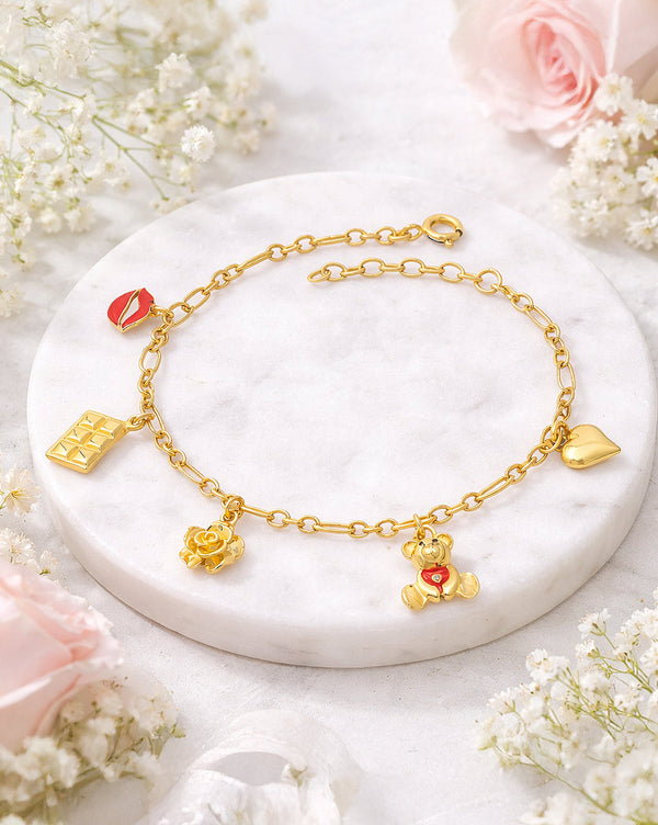 18kt Gold Plated Dangling Floral Teddy Heart Charm Enamel Bracelet