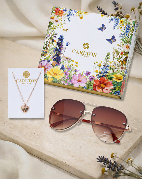 Women Gold Toned UV Protected Sunglasses & 18kt Rose Gold Plated CZ Heart Chain Set