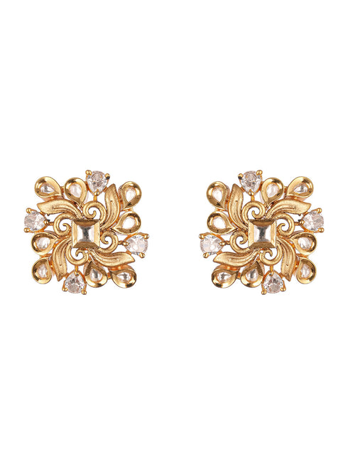 Gold Plated Kundan Studded Floral Designer Dailywear Studds Earrings