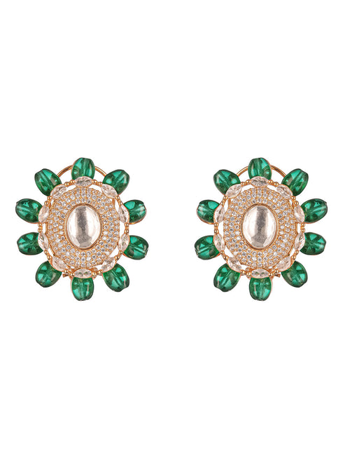 Gold Plated Green Beads & Kundan Studded Solitaire Studds Earrings