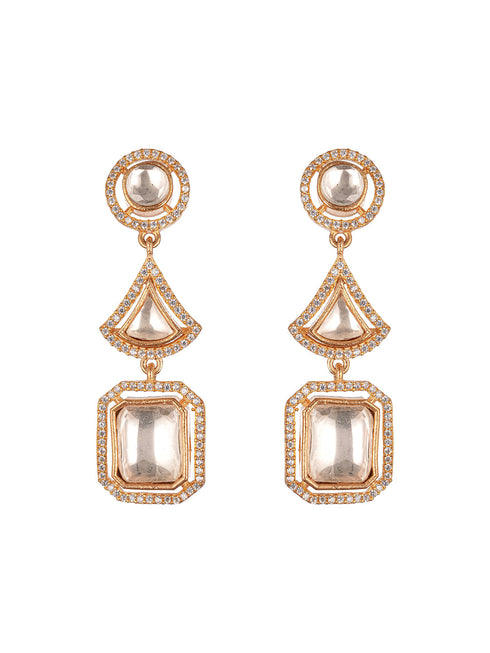Gold Plated Uncut Polki Mossanite Kundan Studded Quirky Shaped Dropdown Earrings