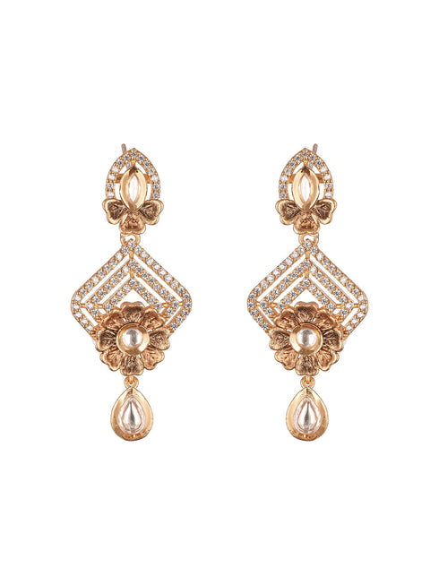 Gold Plated Uncut Polki Kundan Mossanite Studded Floral Dropdown Minimal earrings